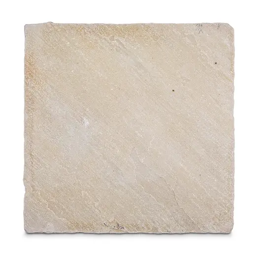 Single square slab of tumbled Mint sandstone paving, seen from above, showing colour, fossils and riven texture.