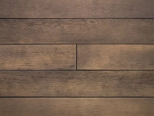 Close-up of square of Antique Oak Millboard composite decking plank, showing tones and lined texture.