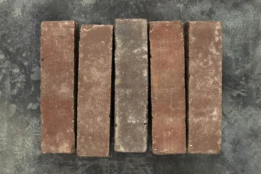 5 Bergamo clay pavers laid in row on grey background, showing brown and red colours with cream smudges. Free UK delivery available.