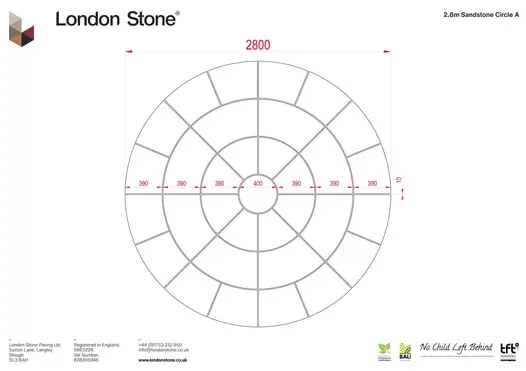 Diagram of Kandla Grey paving circle, showing slab widths in each of 3 rings that make up diameter. Free UK delivery available.