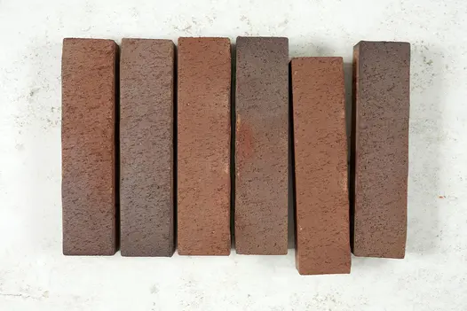 Against plain white background, 6 Bromley clay pavers stand edge-on in a row, with the 5th slightly displaced. 