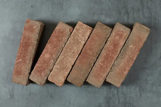 Against plain grey background, 6 Winton clay pavers sit edge-on at a sloping angle, showing red, white and buff tones. 