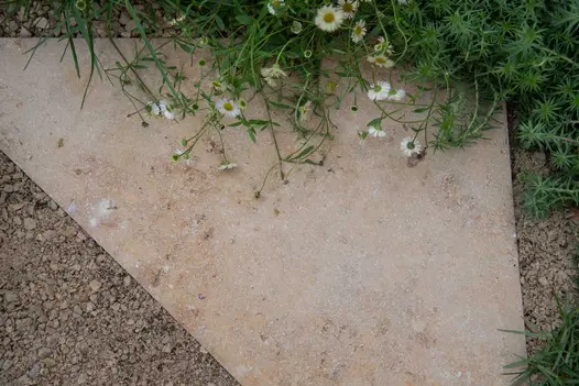 Triangular bespoke Jura Beige limestone slab with daisies. Built by Conquest Creative Spaces. Designed by Andy Smith-Williams.