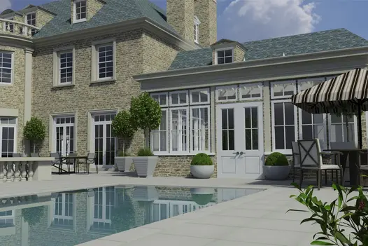 French-style house with garden pavilion attached behind reflecting pond surrounded by Dove Grey sawn sandstone paving.