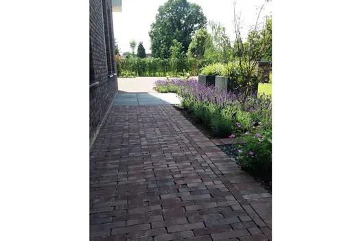 Path of Bergamo Dutch clay pavers runs down side of building to large gravelled area. Lavender beds and tall planters to right.