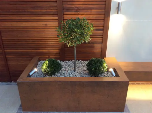 2 small topiary bushes and young tree sit in raised planter clad with steel corten luxury designclad.