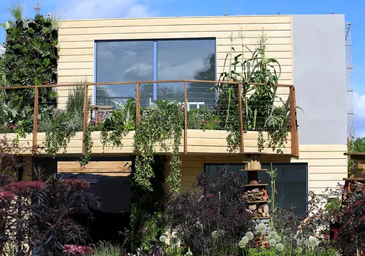Balcony festooned with plants fronts 1st floor of modern flat-roofed house faced with Hydra Plomo DesignClad.