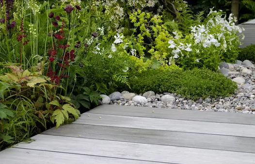 Grey pebbles adorn white, purple and green planting, surrounding luna designboard composite decking showing off colour and texture.