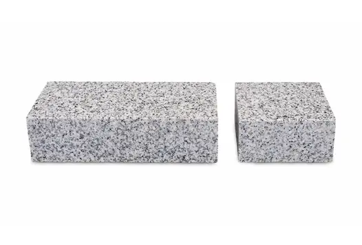 2 sizes of sawn Silver Grey Granite setts against white background to show colour and relative size. Free UK delivery available.