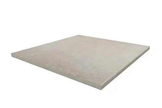 Single pale grey 600x600mm Slab Khaki porcelain step tread, with 5mm pencil round profile and drip line.