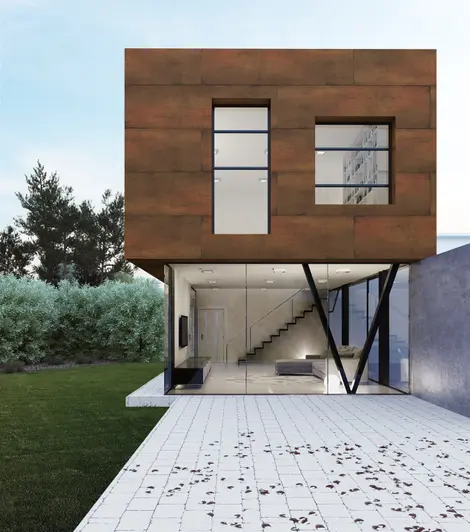 Rendered image shows multiple steel corten designclad panels lining the exterior of modern house with glass walls.