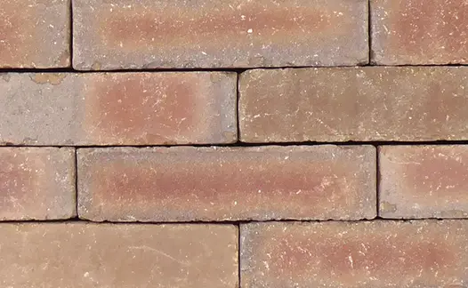 Close up of Winton clay paving bricks, laid running bond without sanded joints, showing pale brown and buff colours. 